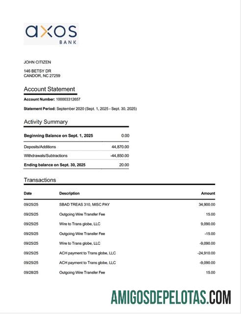 Modelo realista de extrato de conta bancária Axos dos EUA em Word e PDF